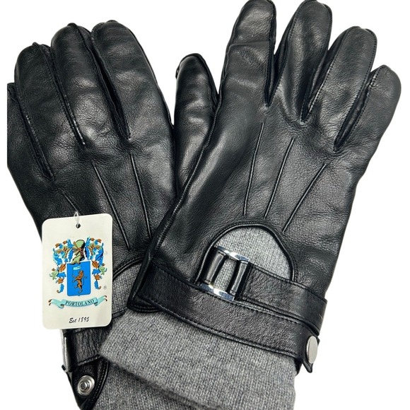 PORTOLANO Faux‎ Leather Half Moon Gloves Black/steel-medium wool/cashmere blend